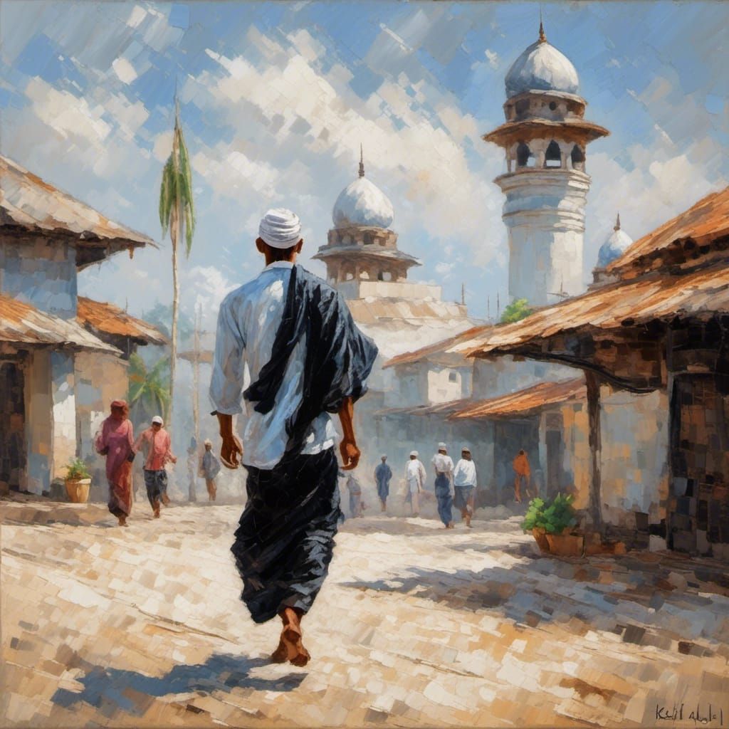 Indonesian Man Walks to Sky Mosque in Expressionist Style