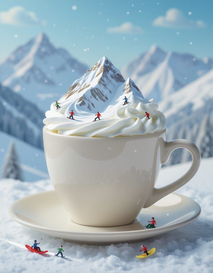 Cappuccino Cup with Alpine Cream Landscape and Cocoa Snow