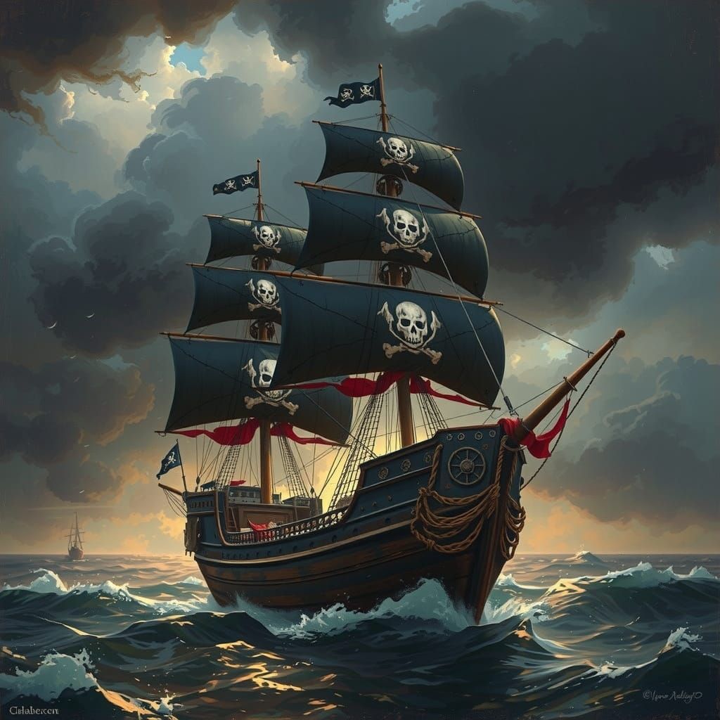 Pirate Ship in Stormy Seas: A Romantic Seascape