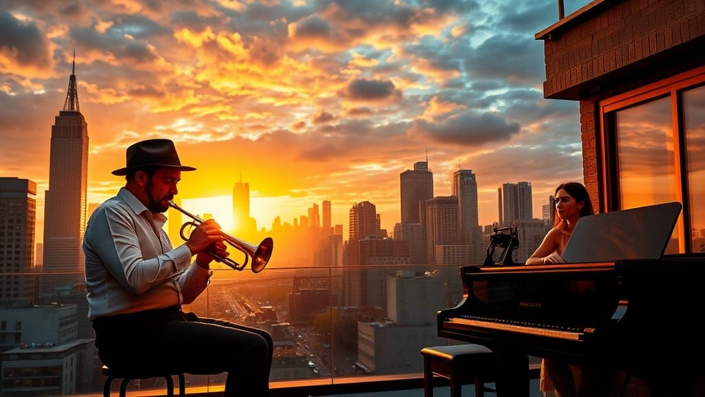Jazz Musicians on Rooftop Under Dramatic Sunset Sky