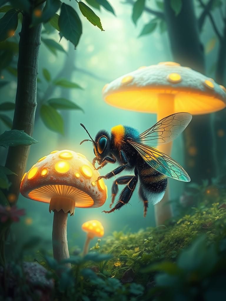 Bumblebee Gathers Nectar in Mystical Glowing Forest
