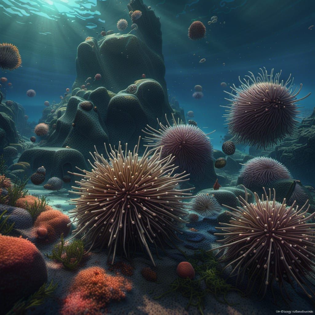 Sea Urchins in Deep Blue Sea: Hyperdetailed Concept Art