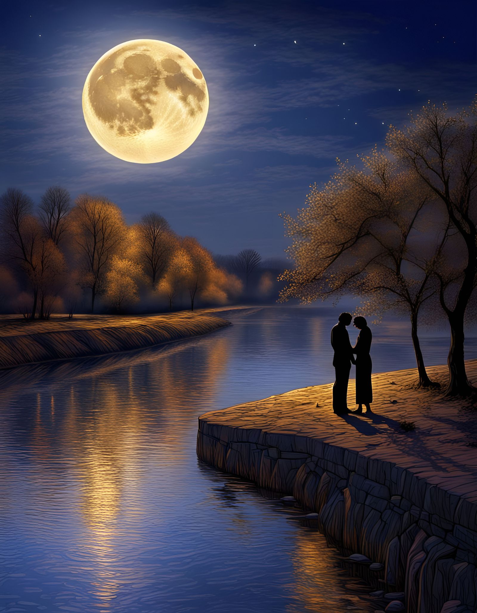 A tender and romantic moment between two lovers by the riverbank illuminated by the moon