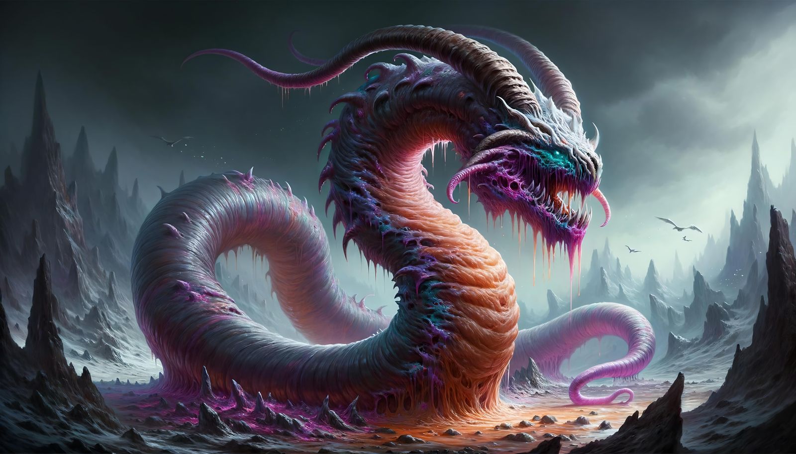 Epic Fantasy Felldrake: Demonic Fiendwurm in Barren Landscap...