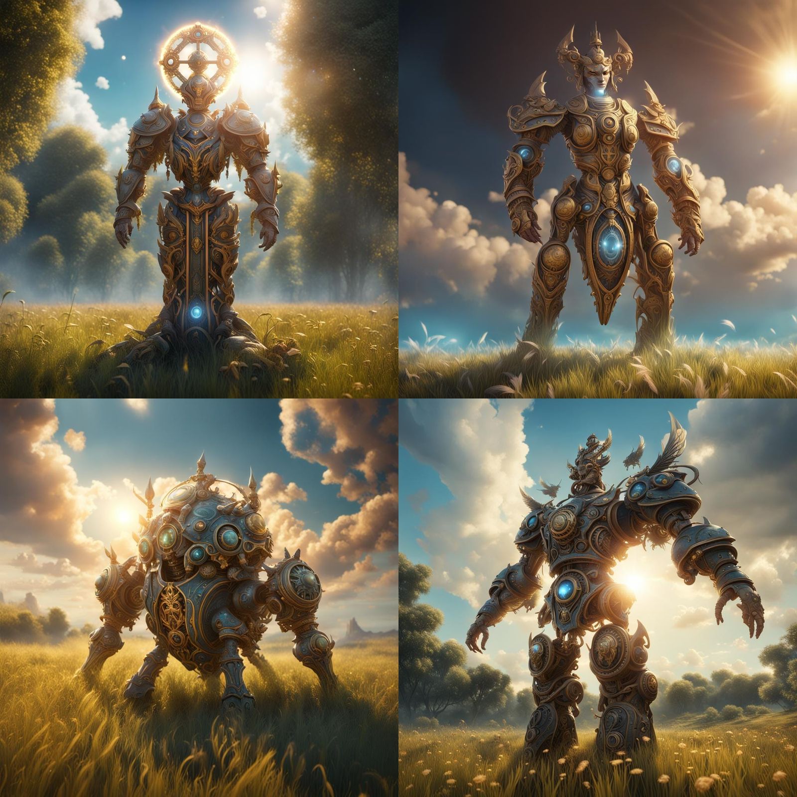 Mechanical Deity Shining Light Over Meadow