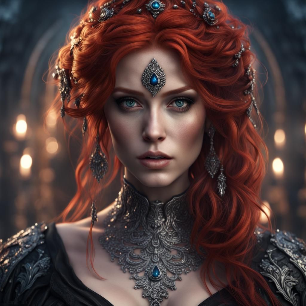 Goddess with Red Hair in Gothic Setting
