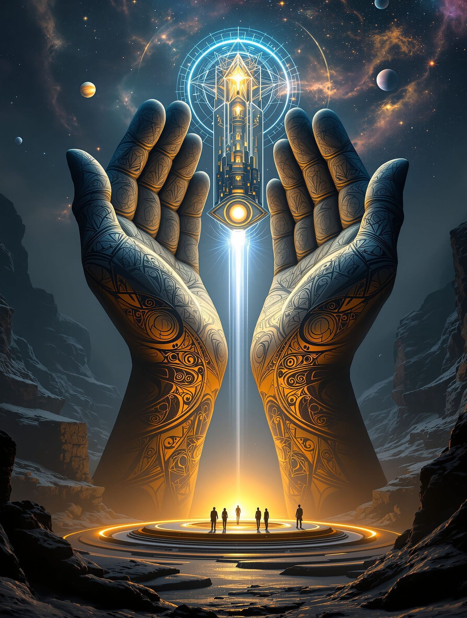 Colossal Hands Holding City Structure in Cosmic Landscape