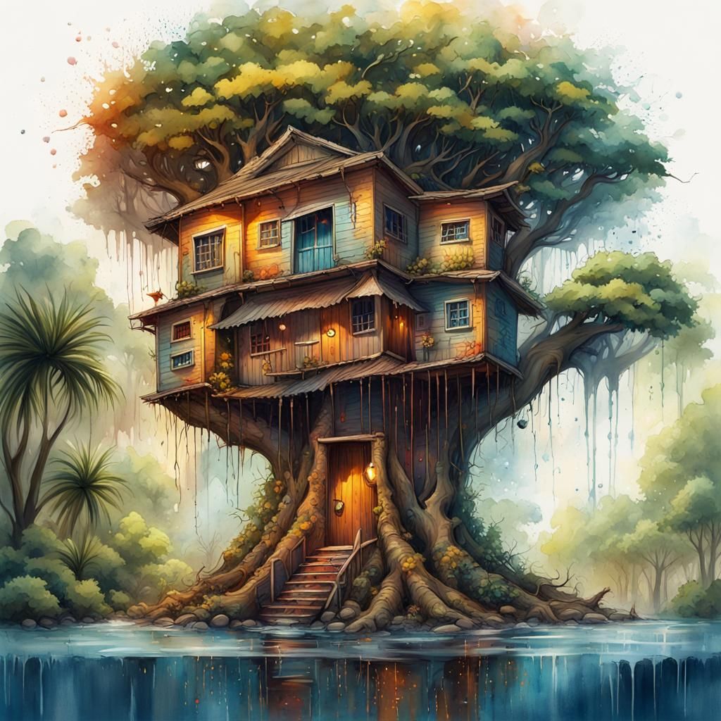 Tropical Treehouse with Fireflies in Graffiti Style