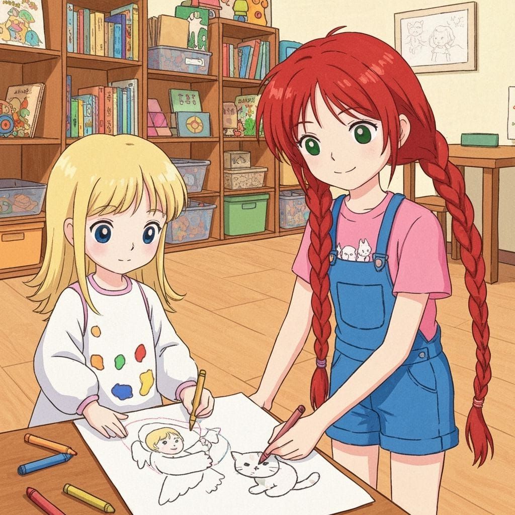Children's Drawing of Girls Creating Art