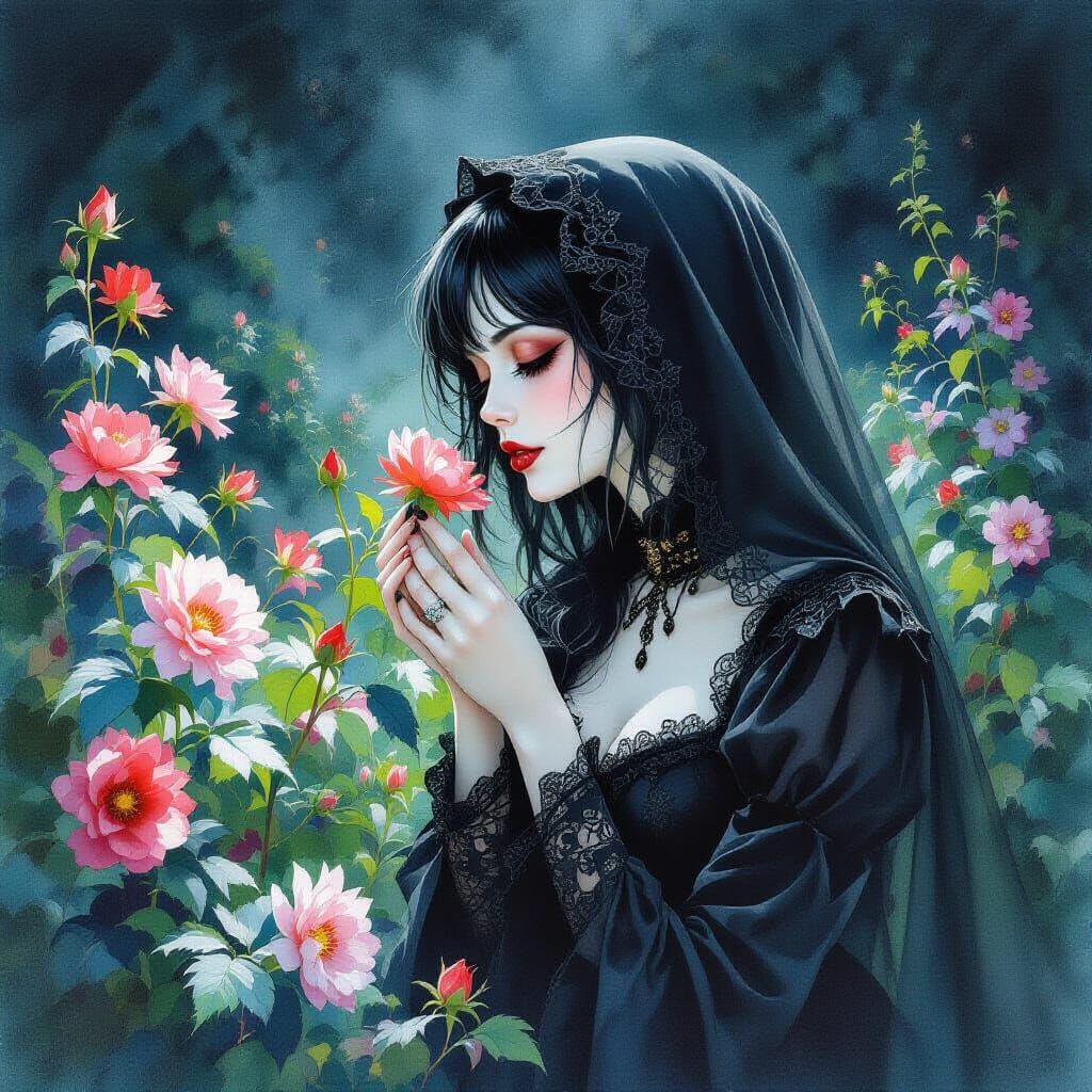 Gothic Woman in Poison Garden at Night