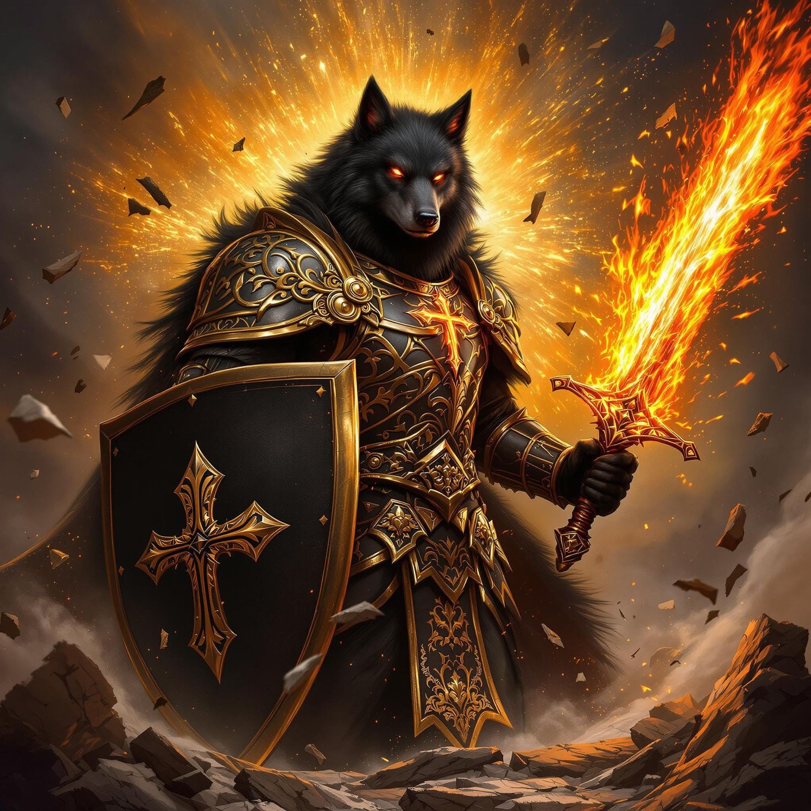 Majestic Black Wolf in Regal Gold Armor with Radiant Flaming...