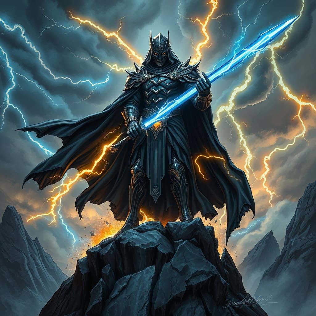 Arcane Supervillain Wields Lightning Sword in Epic Storm