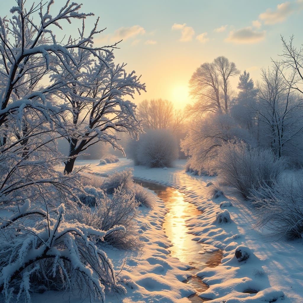 Hoarfrost Landscape in Oisterwijk with Sunlight Reflection
