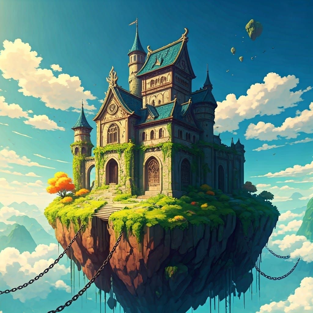 Floating Castle Island in Anime Art Style