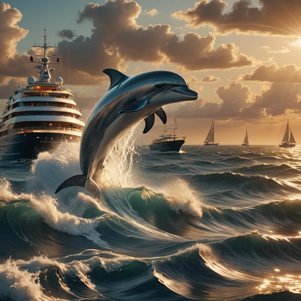 Luxurious Yacht and Mythical Dolphin at Sea