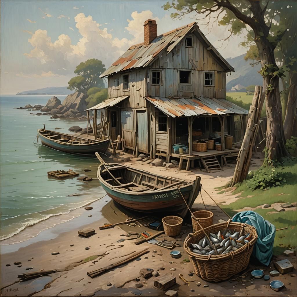 Coastal Shack with Fishing Gear, Oil Painting