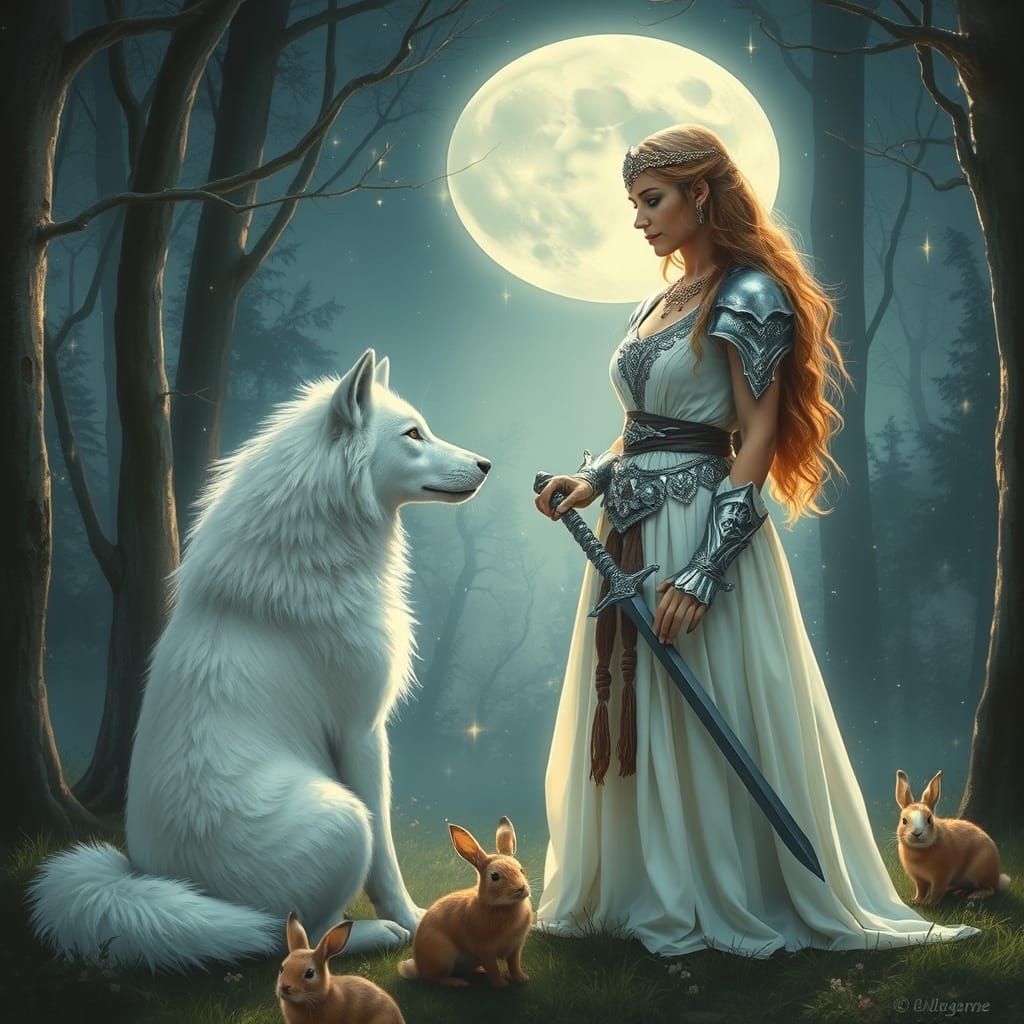 Surreal Priestess Connects with Loyal Wolf Companion in Ench...