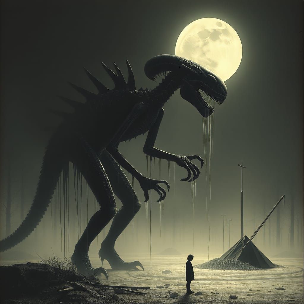 Melancholic Xenomorph Crying in a Surreal Requiem