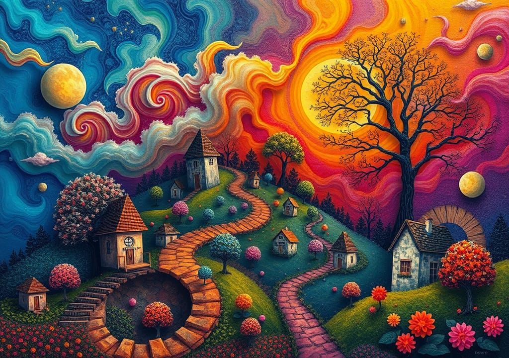 Surreal Zentangle Landscape with Fractal Forms