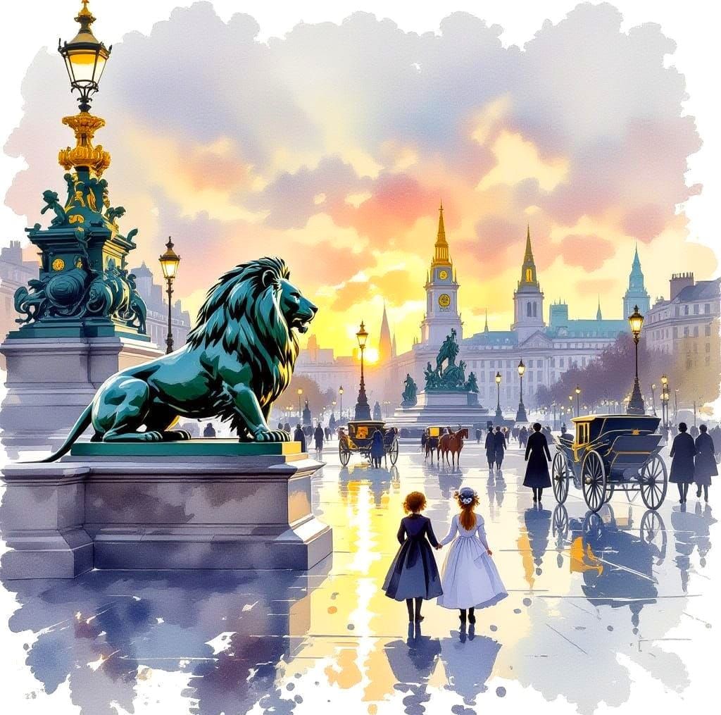 Impressionist Trafalgar Square Scene with Majestic Lion Stat...