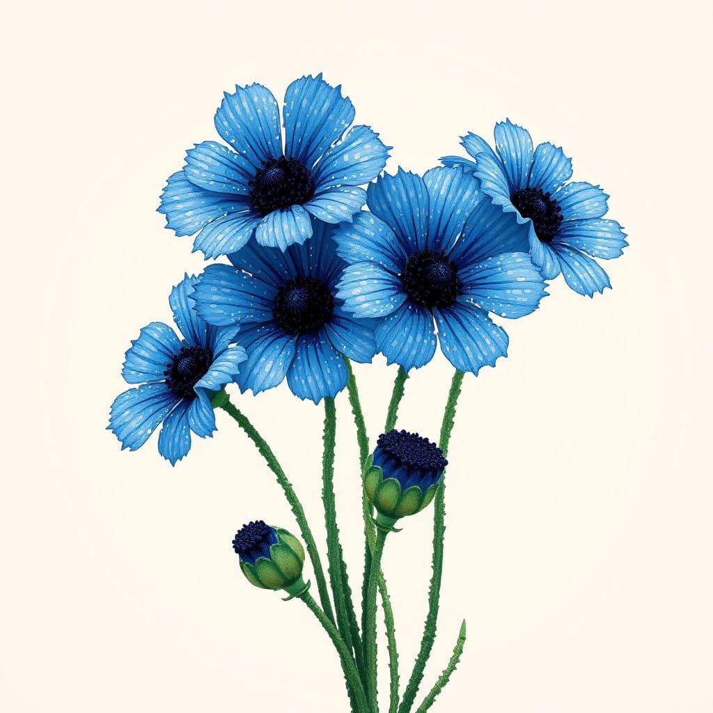 Pointillist Artwork Depicting Delicate Blue Cornflowers in F...