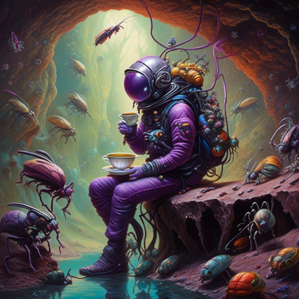 Astronaut's Tea Party with Bug Aliens in Cave