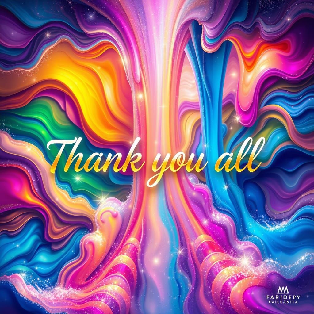 Cosmic Waterfall of Paint with Golden 'Thank You' Message