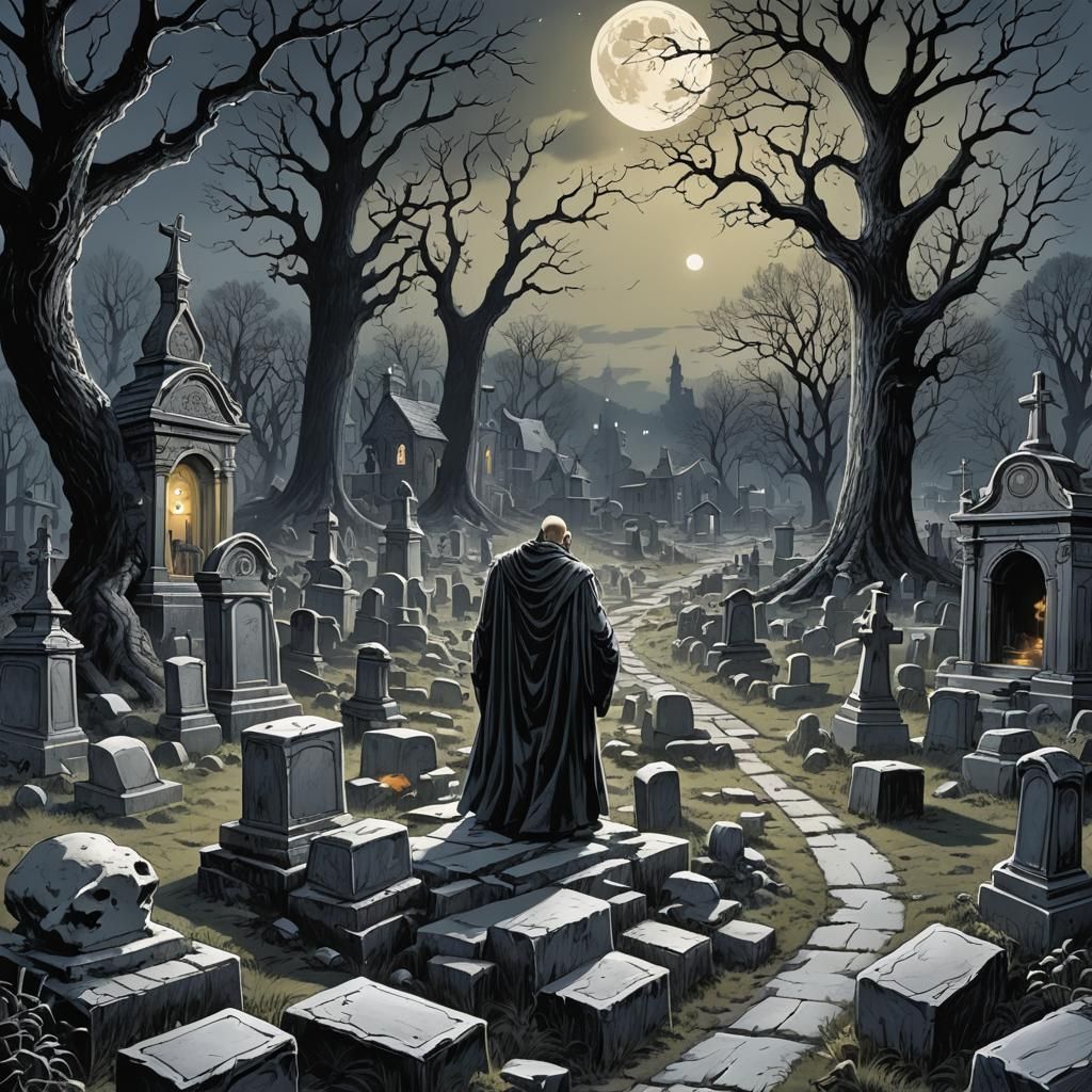 Moonlit Graveyard Scene in Comic Book Art Style