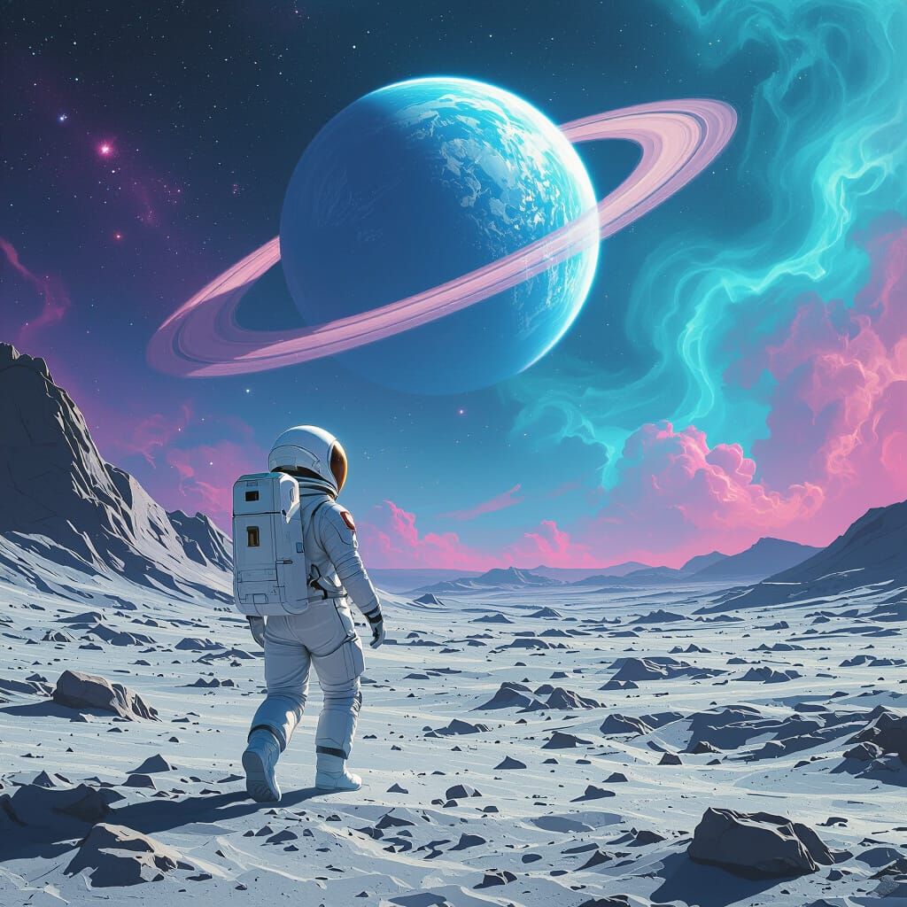 Astronaut on Moon Gazing at Ringed Blue Planet