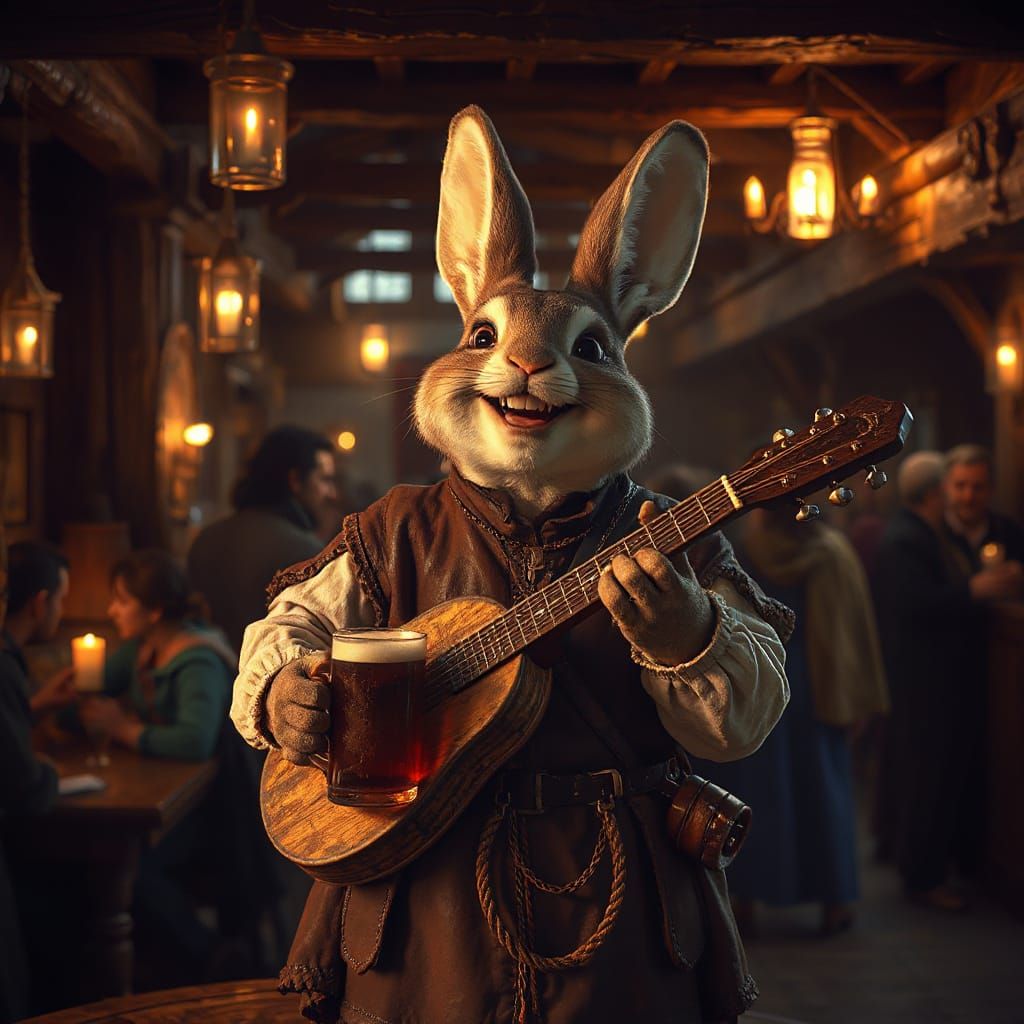 Medieval Bunny Bard in Bustling Tavern, Dark Fantasy Art