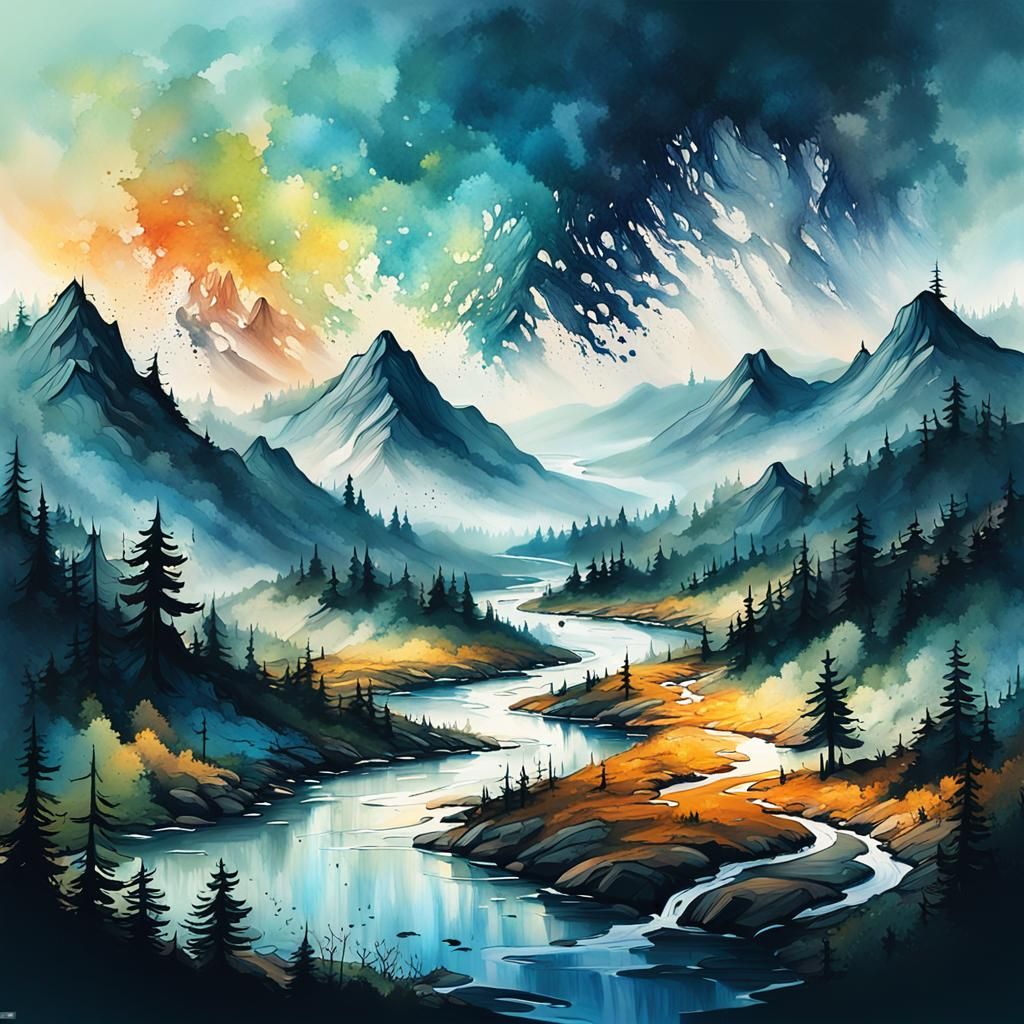 Ink Splatter Landscape with Misty Mountain River