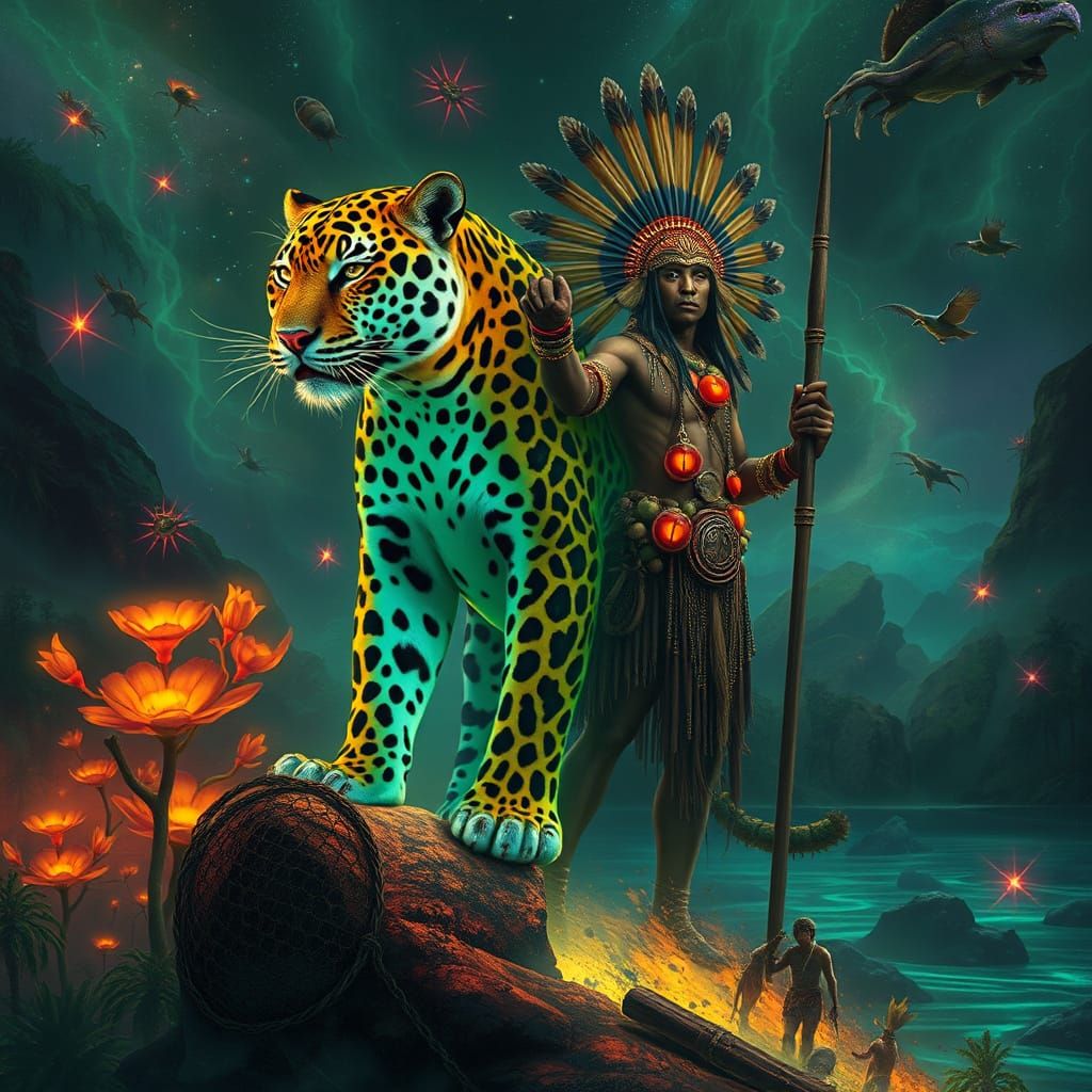 Bioluminescent Jaguar and Warrior in Magical Jungle