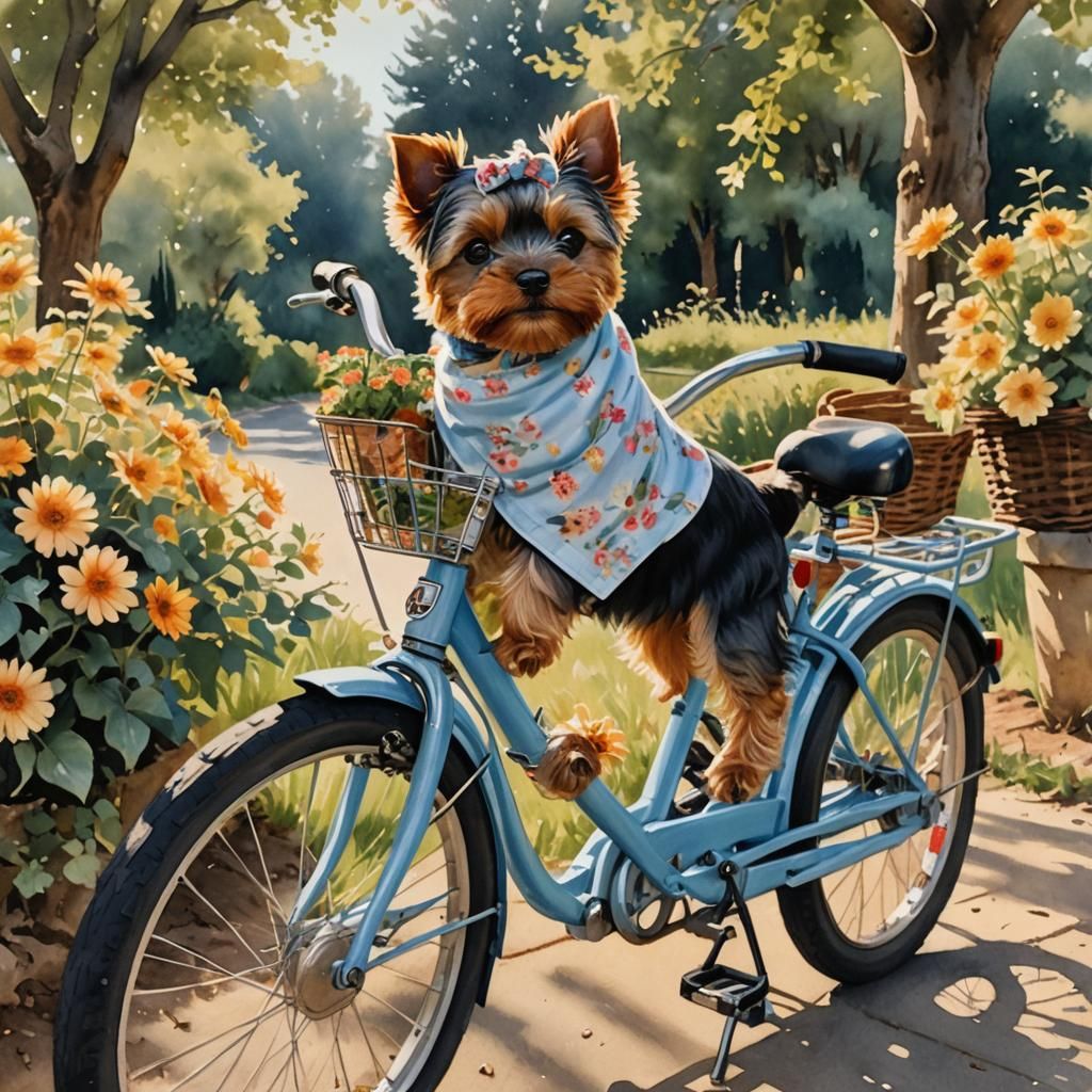 Yorkie Puppy in Bicycle Basket, Watercolor Painting