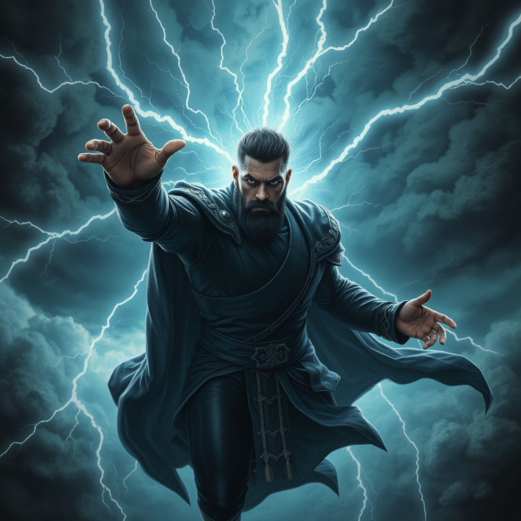 Ominous Villain Posing in Stormy Aura, Hyperrealistic Style