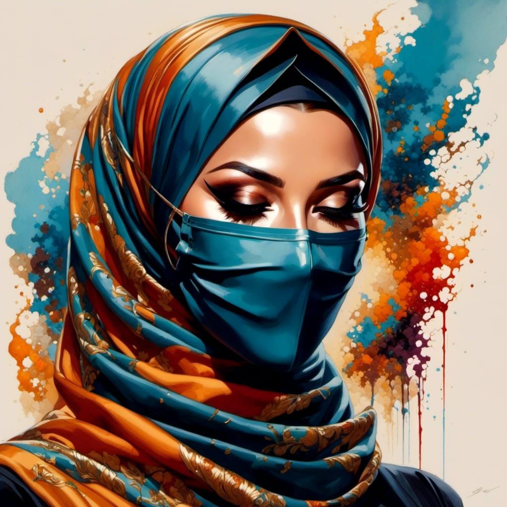 Masked Hijabi Portrait in Alcohol Ink Style
