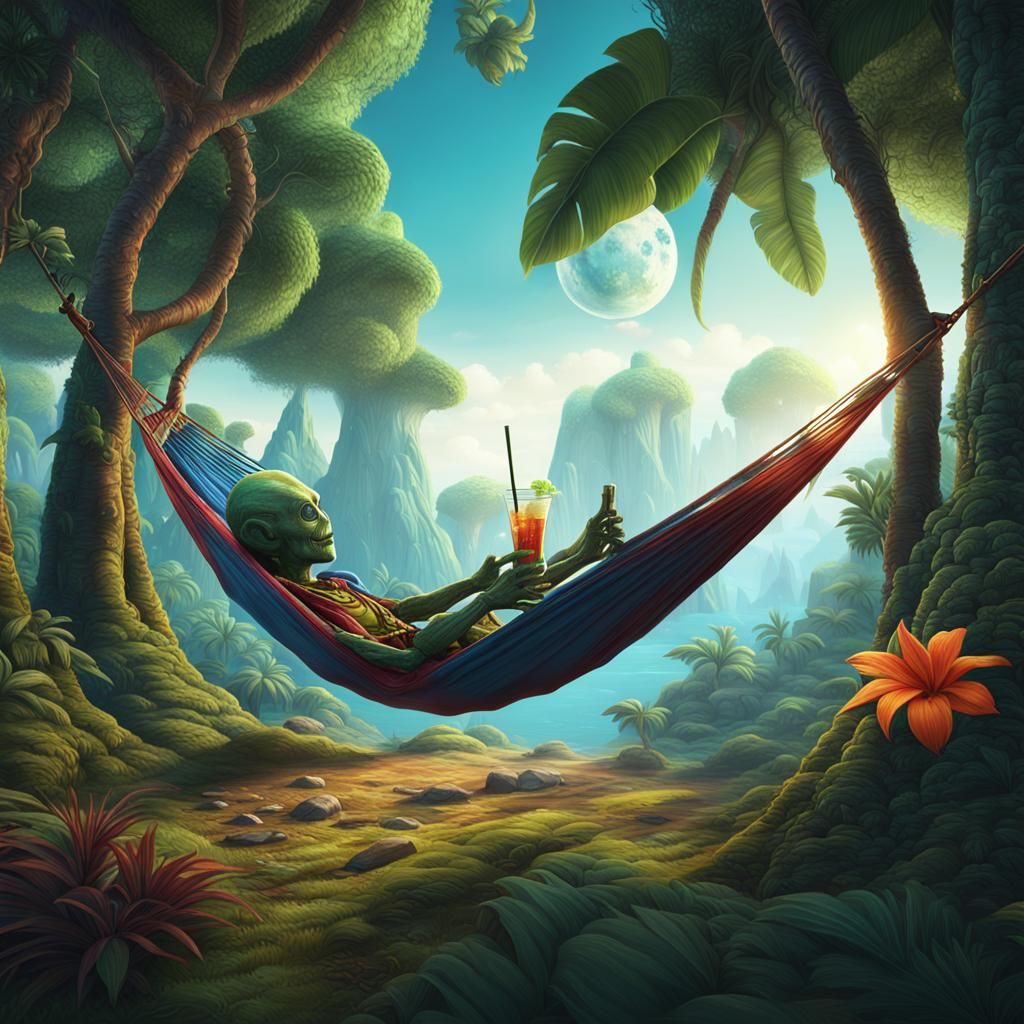 Alien Tourist Relaxing in Forest Hammock
