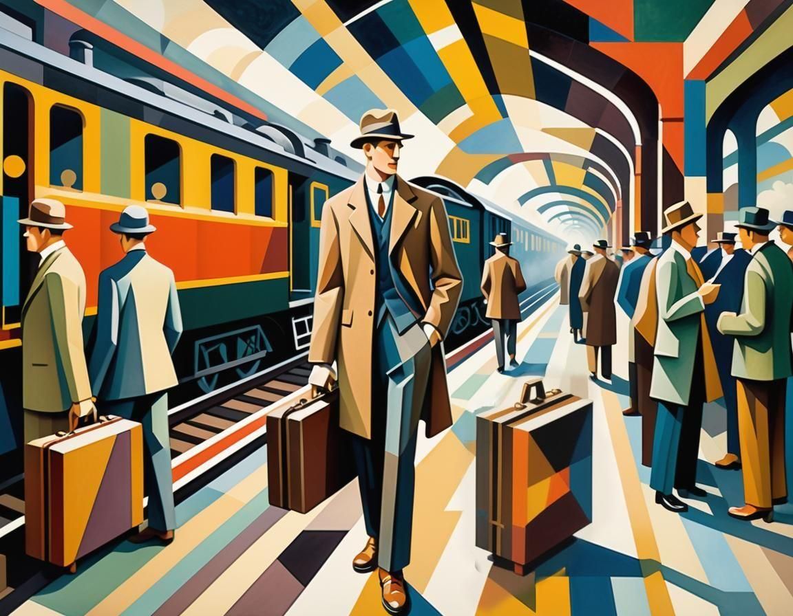 Cubist Young Man Awaits Train in 1920s Style