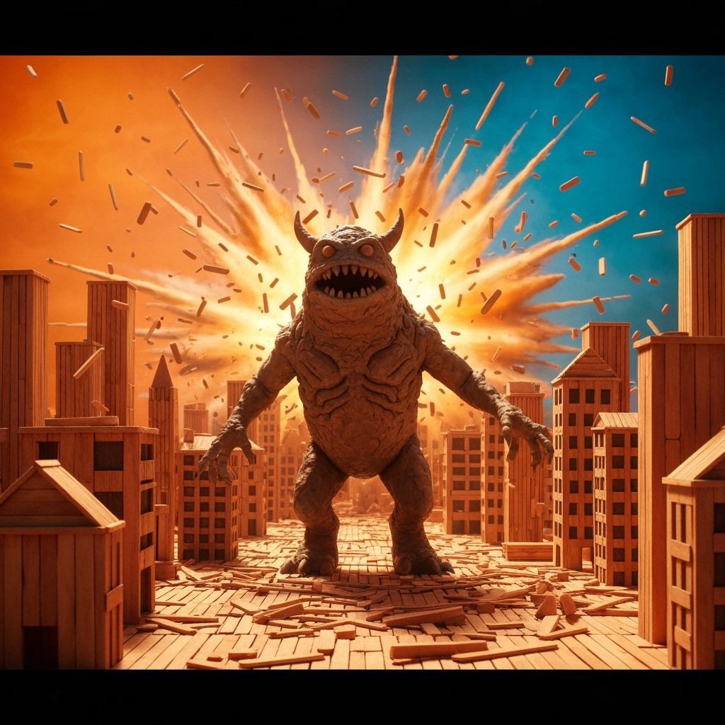 Clay Monster Pulverizes Popsicle Stick City