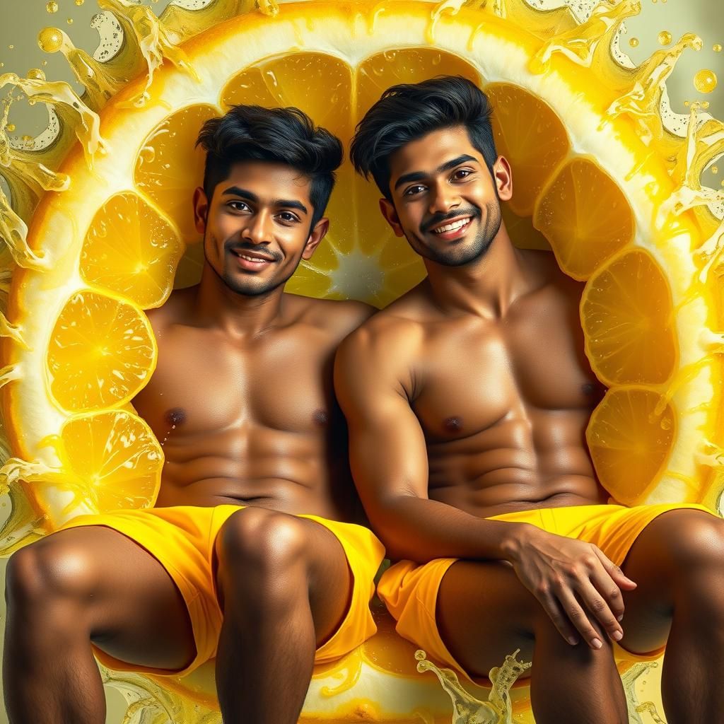 Men Relaxing in Lemon, Hyperrealistic Concept Art