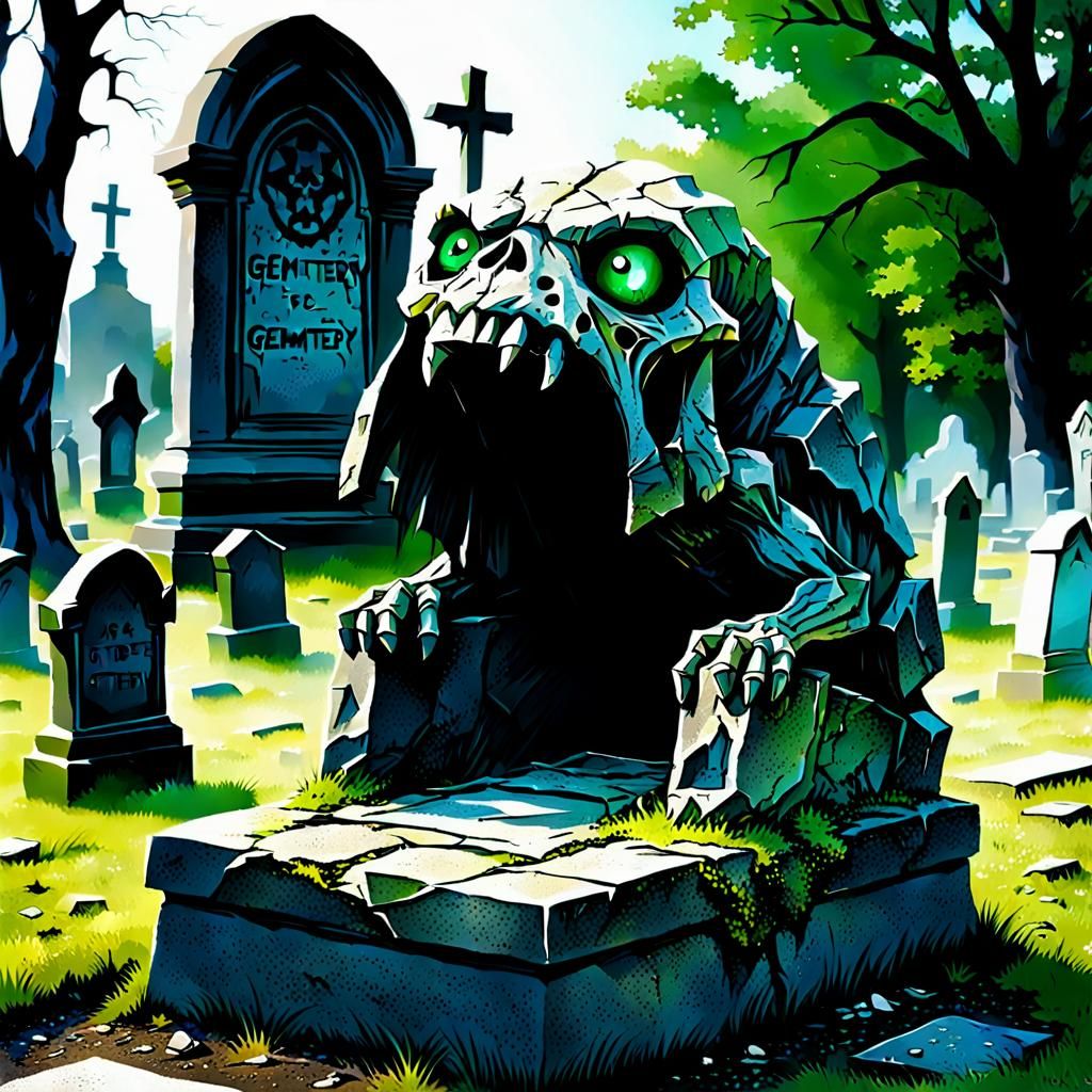 Eerie Stone Creature Emerges from Cemetery