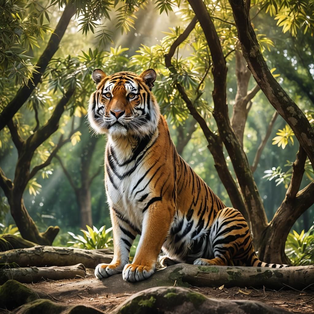 Tiger in Sunlight Under Trees