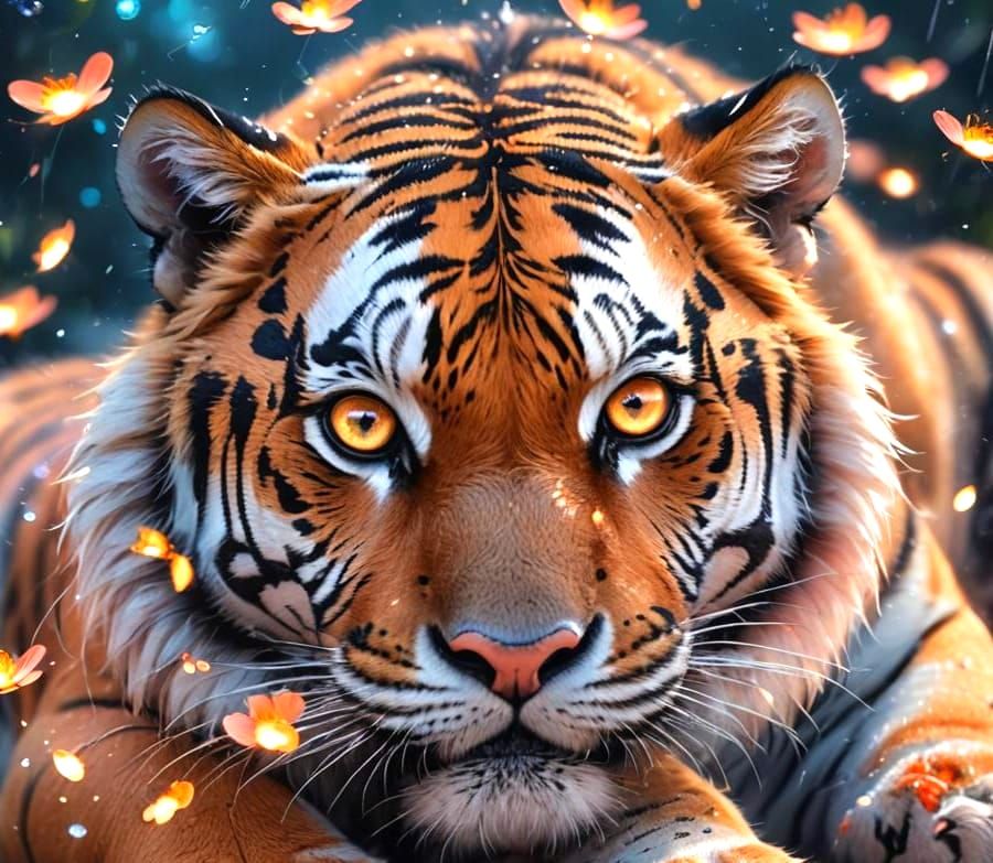 Adorable Orange Tiger with Fireflies in Digital Art