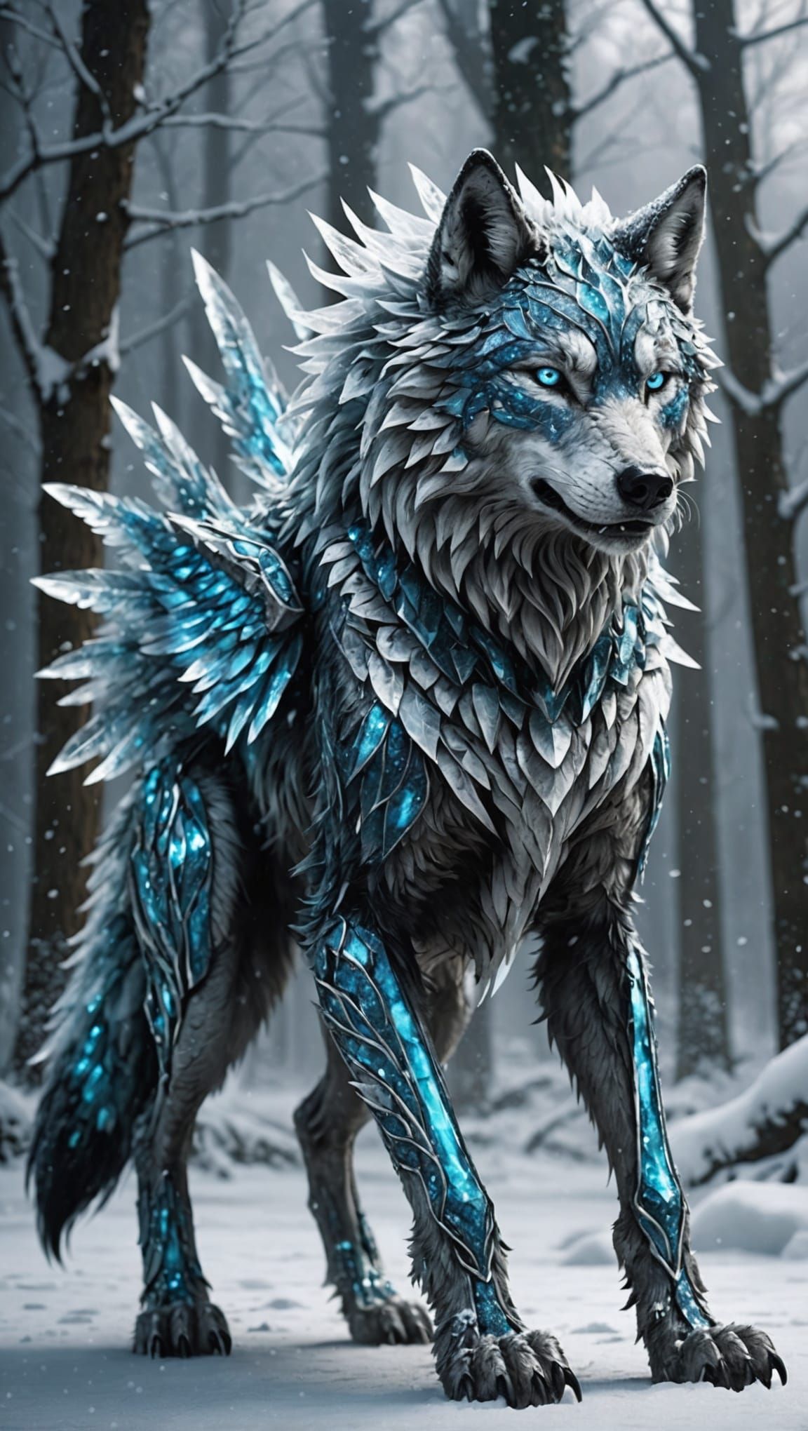 Icy Feathered Wolf Hybrid in a Frozen Storm
