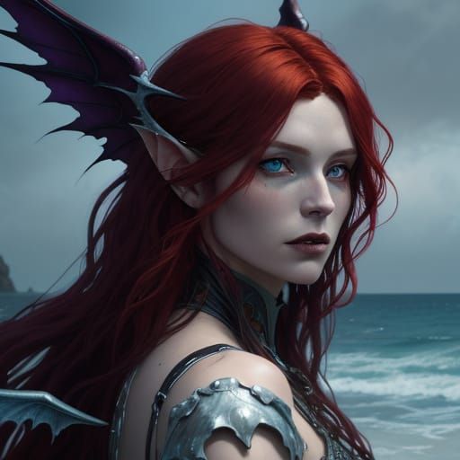 Vampire Warrior in Fae Wings, Hyperdetailed Beach Scene in G...