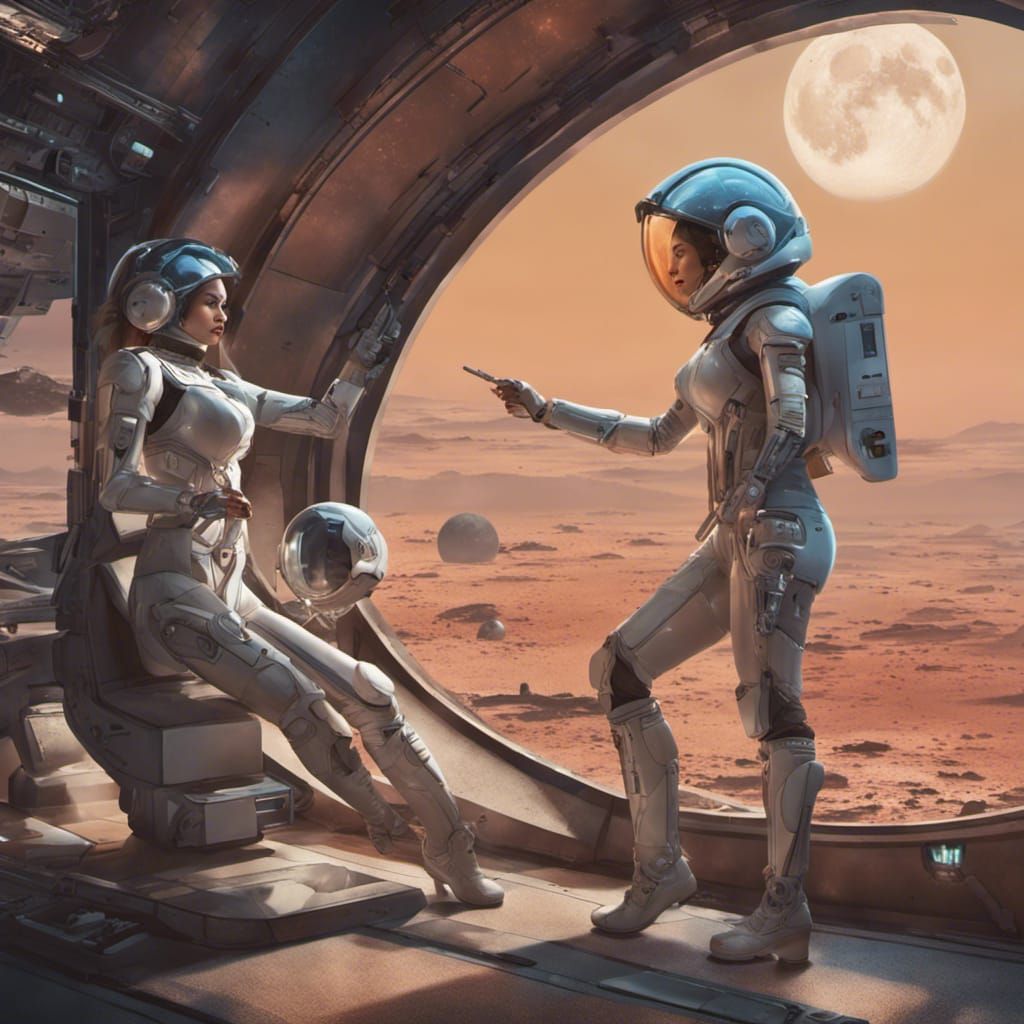 Cyber Girl and Robot on Moon Base