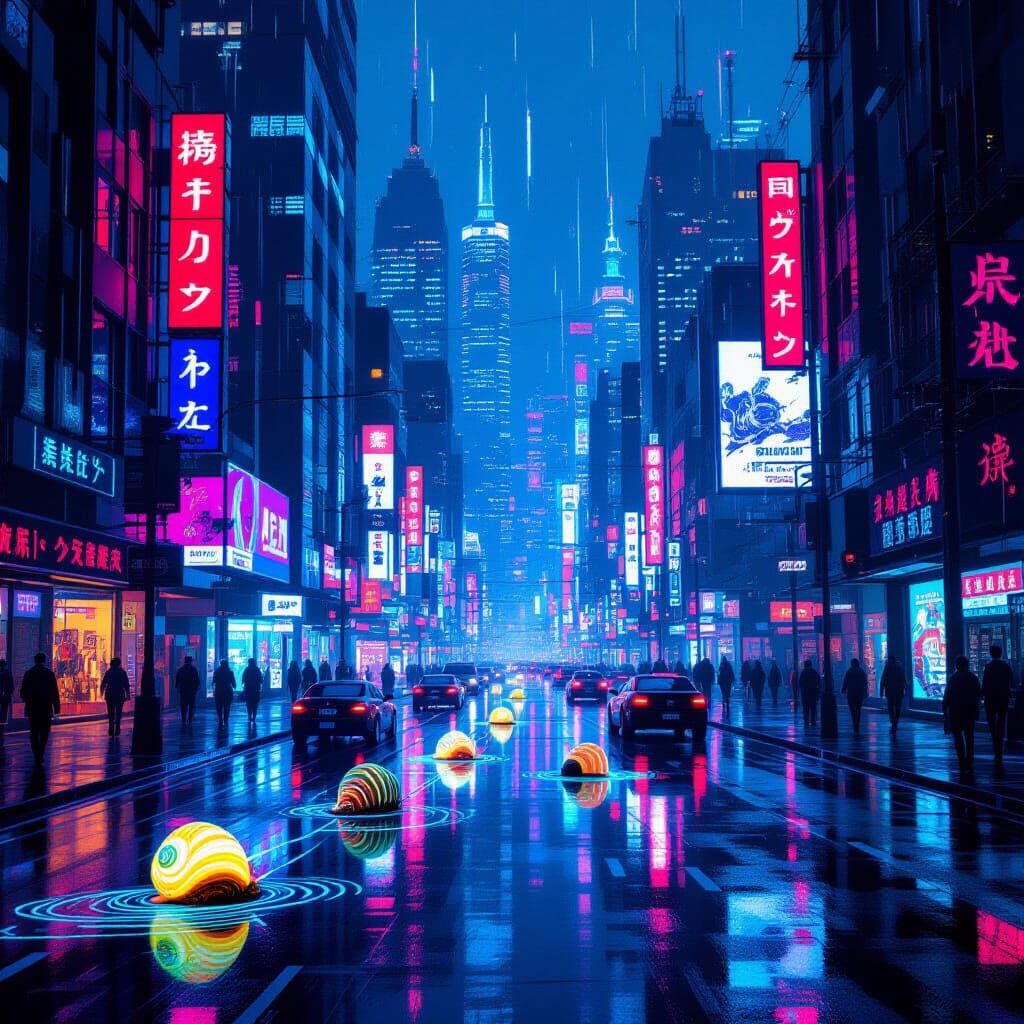 Cyberpunk Cityscape with Bioluminescent Trails and Neon Refl...