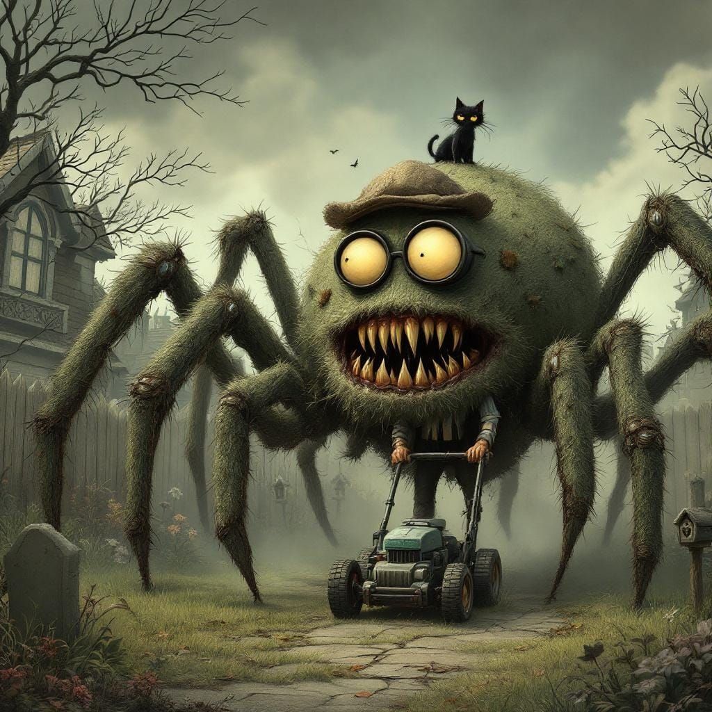 Gothic Whimsy: Man Mowing Lawn with Spider
