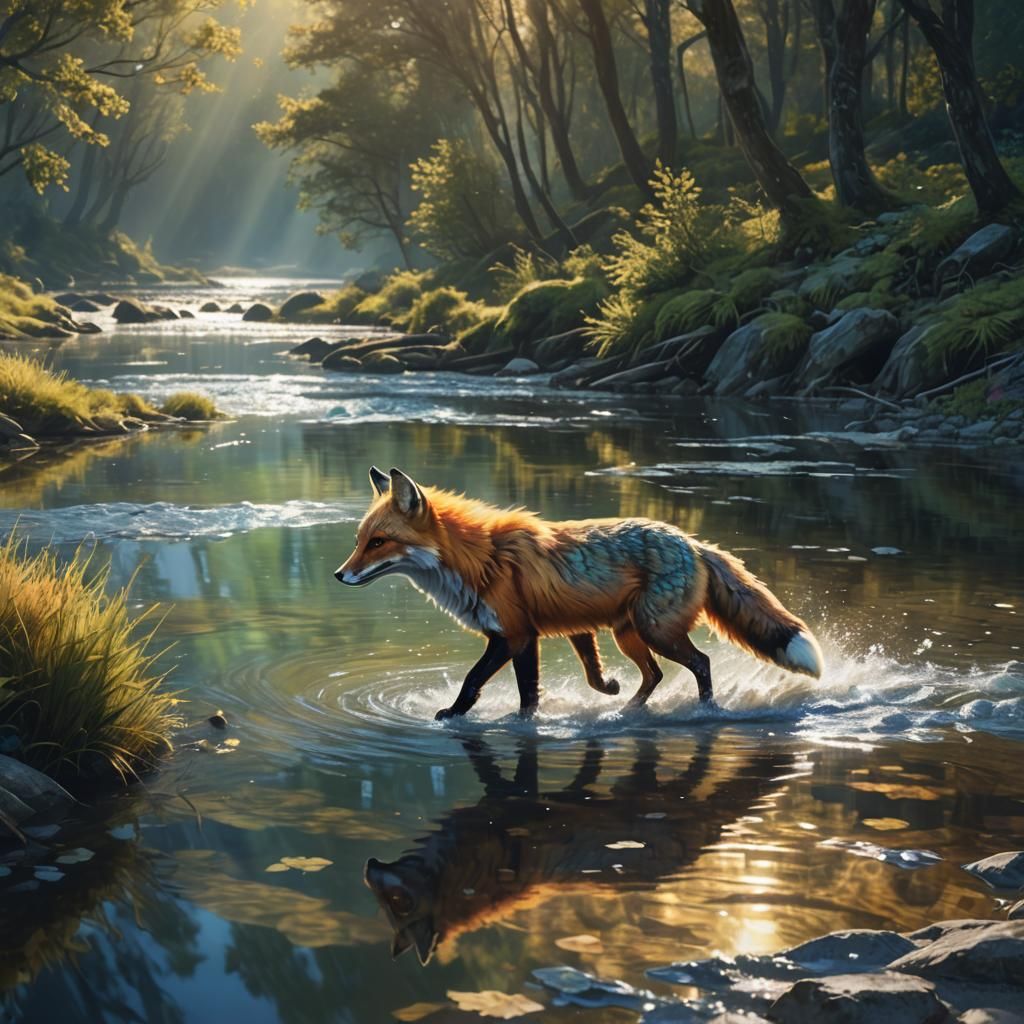 Multicolored Fox Running Along River: Digital Matte Painting