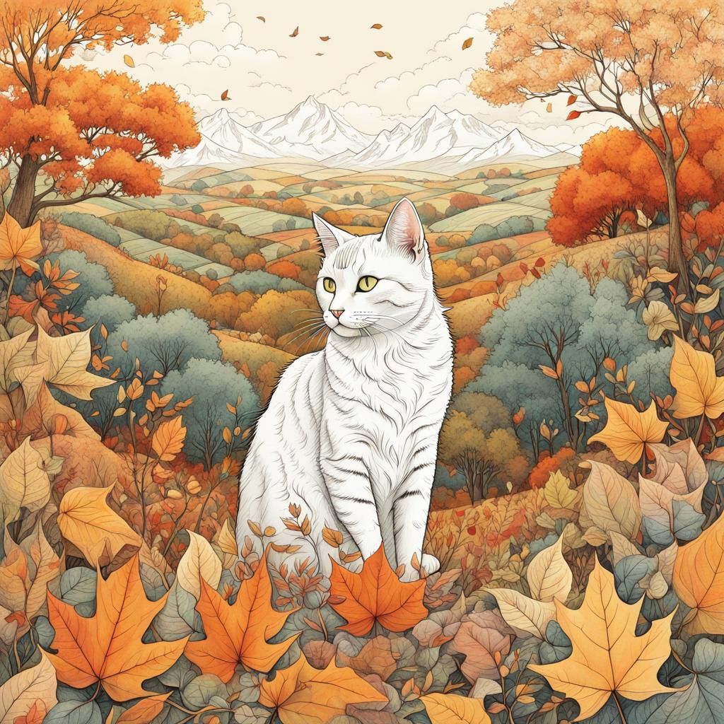 Realistic Cat in Autumn Field: Detailed Hand-Drawn Sketch