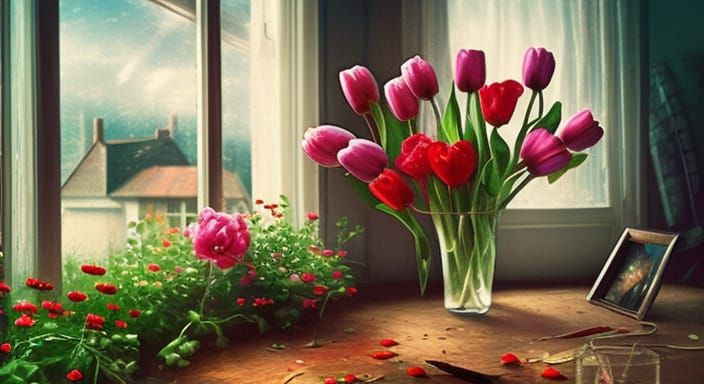 Realistic Tulips Bouquet by Window, 8k Detail